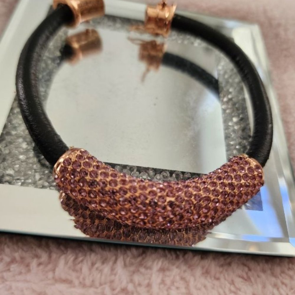 JOAN BOYCE BLACK LEATHER WITH ROSE GOLD SWAROVSKI CRYSTAL ACCENT BRACELET